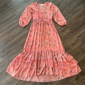 ANTHROPOLOGIE Boemo Pink Floral Tiered Maxi Dress Boho Prairie Cottagecore